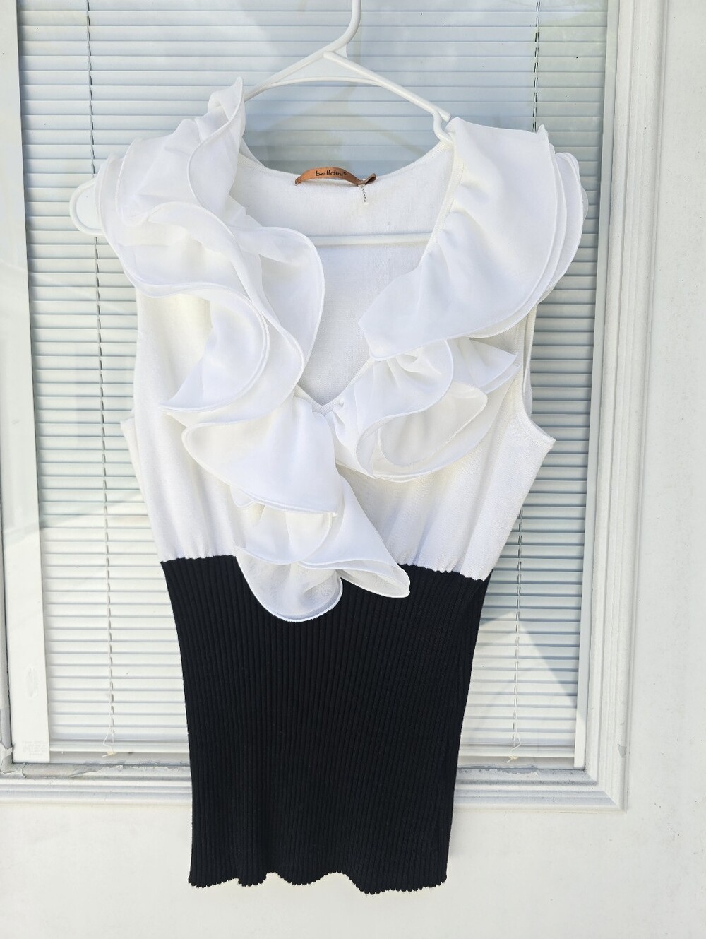 Belldini Ruffled Two-Tone Sleeveless Knit Top - White & Black